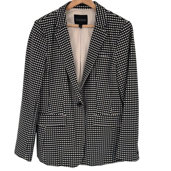 Banana Republic Long & Lean bi-stretch Womens Blazer Black plaid Size 12 career - Picture 1 of 11